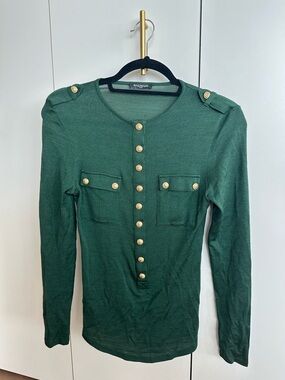 Balmain Forest Green Buttoned Knit Cardigan with Gold Buttons